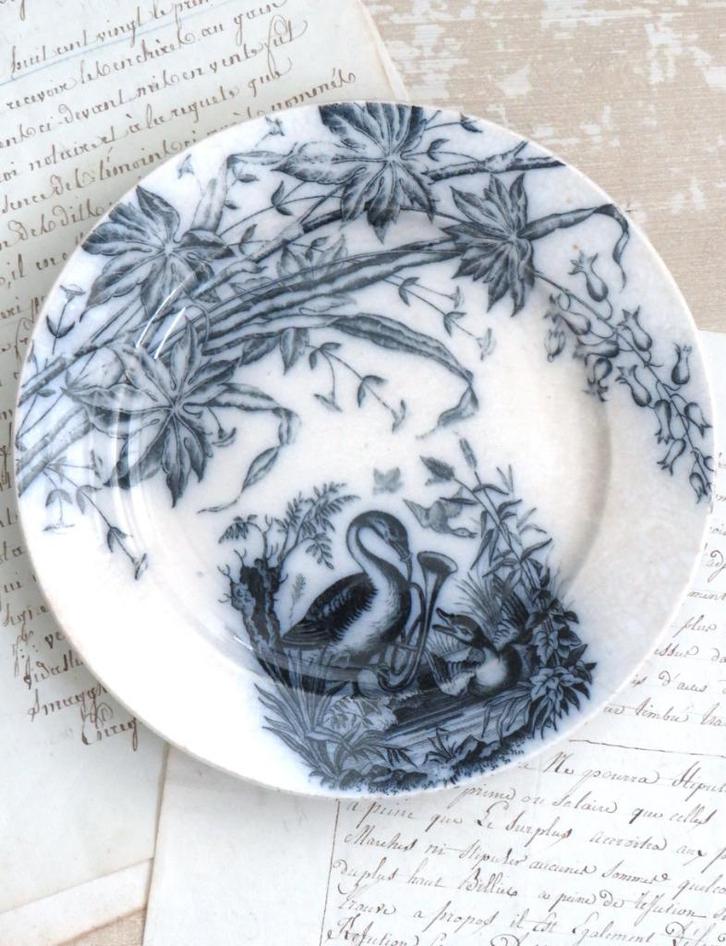 Antiek bordje Sociète Ceramique “Oiseaux”- Blauw, Antiek en Kunst, Curiosa en Brocante, Ophalen of Verzenden