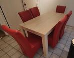 Eetkamer tafel met 6 rode stoelen., Huis en Inrichting, Complete eetkamers, 4 tot 6 stoelen, Gebruikt, Ophalen