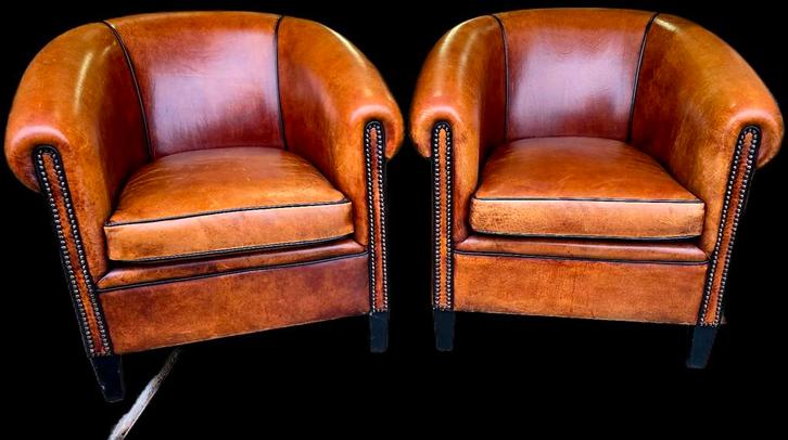 2 schapenleren Lounge Atelier club fauteuils + BEZORGING, Huis en Inrichting, Fauteuils, Gebruikt, Leer, 75 tot 100 cm, 75 tot 100 cm