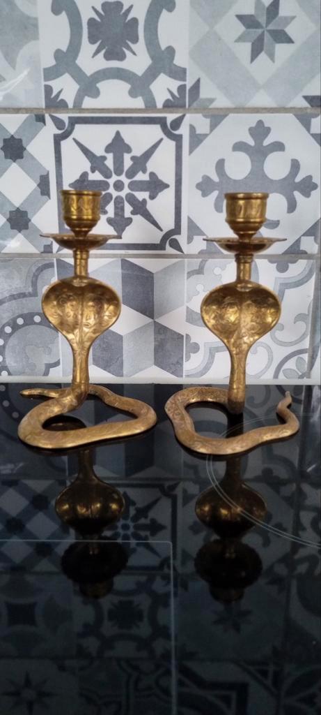 Prachtige set van messing Cobra kandelaars, Antiek en Kunst, Antiek | Kandelaars, Koper of Brons, Ophalen of Verzenden