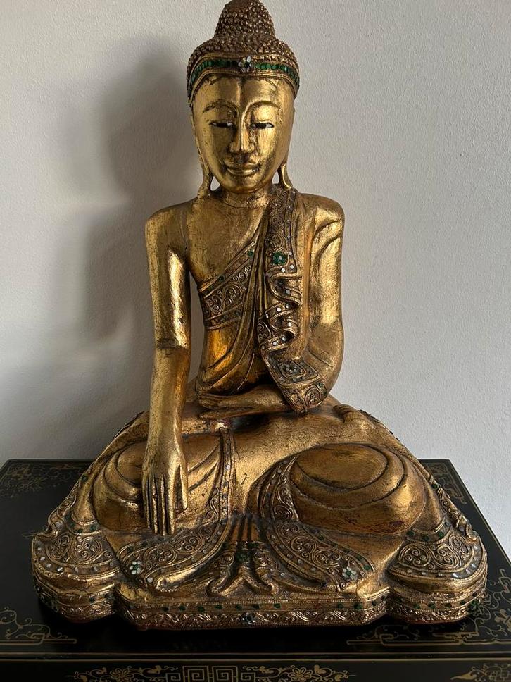 Groot verguld houten Mandalay-stijl Boeddhabeeld, Huis en Inrichting, Woonaccessoires | Boeddhabeelden, Zo goed als nieuw, Ophalen