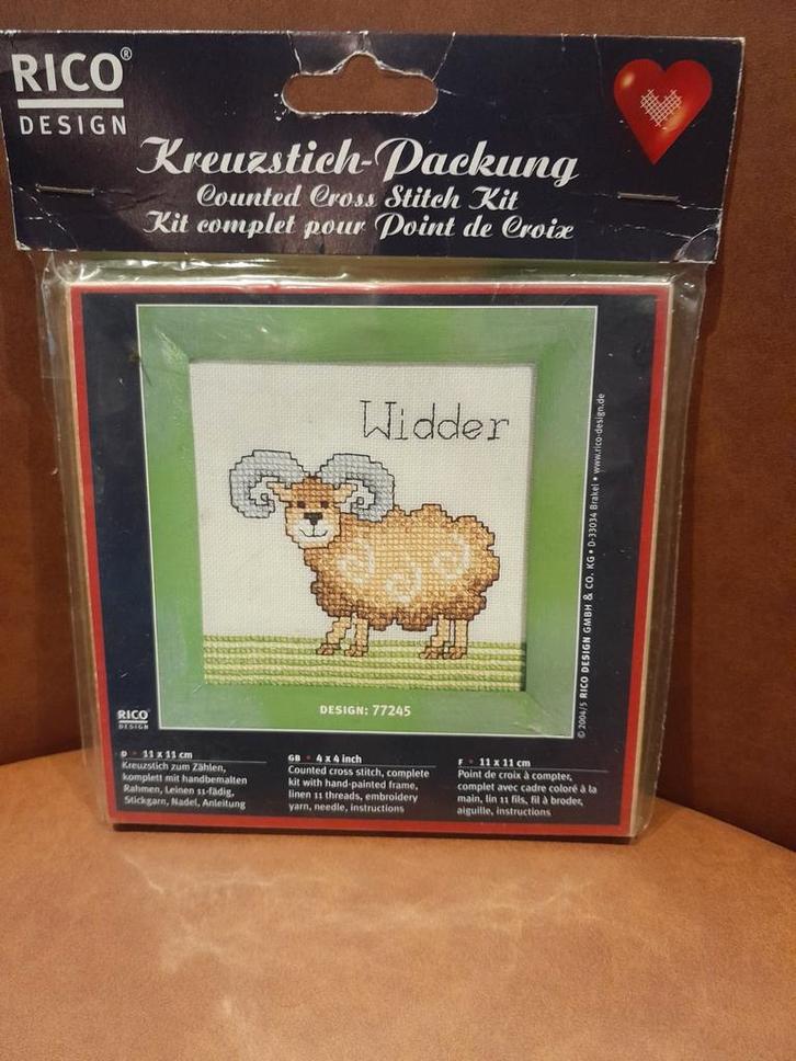 RICO Handborduurpakketje - Widder 11x11cm, Hobby en Vrije tijd, Borduren en Borduurmachines, Zo goed als nieuw, Borduurpakket