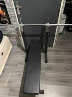 Bench met 70kg gewichten, stang en dumbells, Sport en Fitness, Ophalen, Gebruikt, Krachtstation, Armen