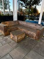 Loungebank steigerhout + kussens zwart, Ophalen, 5 zitplaatsen, Gebruikt, Steigerhout