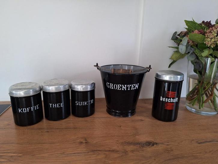 Zwart emaille groenten emmer + koffie thee suiker beschuit, Antiek en Kunst, Antiek | Emaille, Ophalen of Verzenden