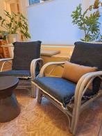Set van 2 rotan fauteuils met denim kussens, Ophalen, 75 tot 100 cm, Zo goed als nieuw, Stof