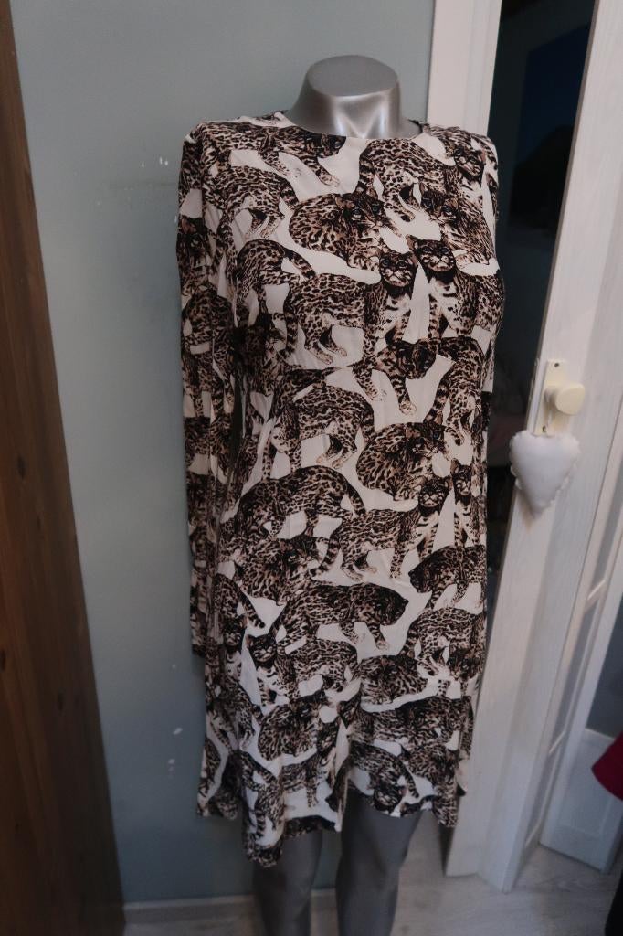 prachtig jurkje met tijgers creme bruin HM 38, Kleding | Dames, Maat 38/40 (M), Bruin, Ophalen of Verzenden, Zo goed als nieuw
