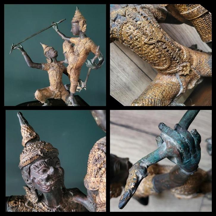 Antiek Thais bronzen beeld, Ramakien strijdscène, ca. 50 cm, Huis en Inrichting, Woonaccessoires | Boeddhabeelden, Gebruikt, Ophalen of Verzenden