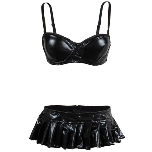 Zwarte kunstleren BH en mini rok leren leer wetlook S M L XL, Kleding | Dames, Rokken, Nieuw, Zwart, Verzenden