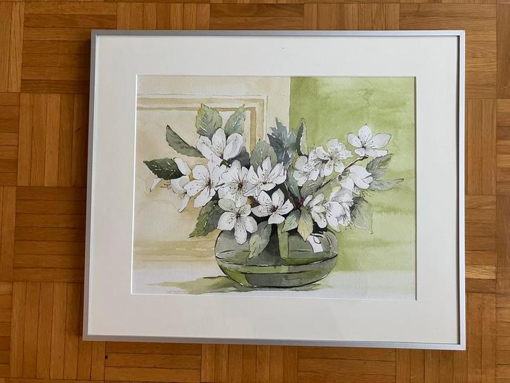 Aluminium lijst + Aquarel Schilderij 60x50cm, Huis en Inrichting, Woonaccessoires | Schilderijen, Tekeningen en Foto's, Gebruikt