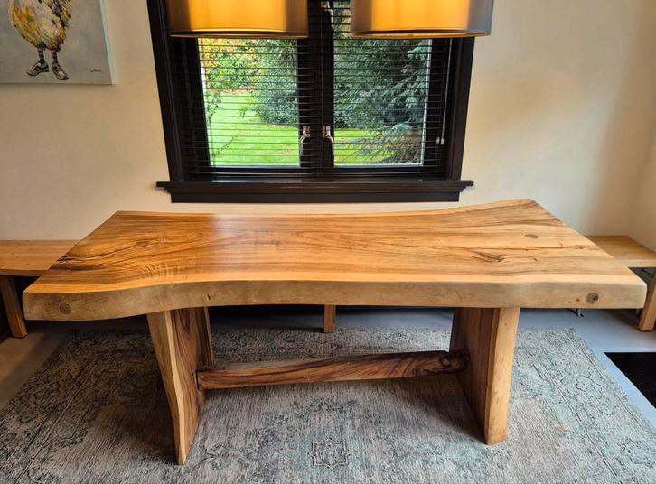 Teakhouten eettafel 6-8 persoons, organische vorm. L= 200cm, Huis en Inrichting, Tafels | Eettafels, Zo goed als nieuw, 50 tot 100 cm