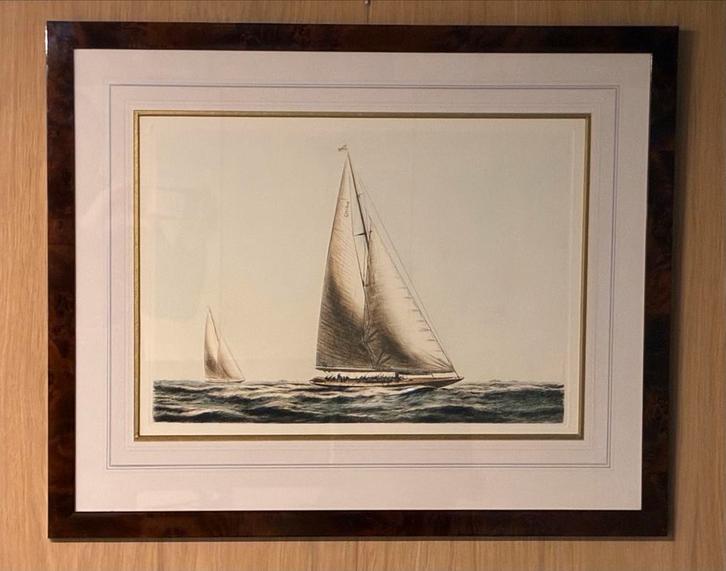 Kleuren-ets klassieke J-boats 1937 America's Cup - in lijst, Antiek en Kunst, Kunst | Tekeningen en Foto's, Ophalen of Verzenden