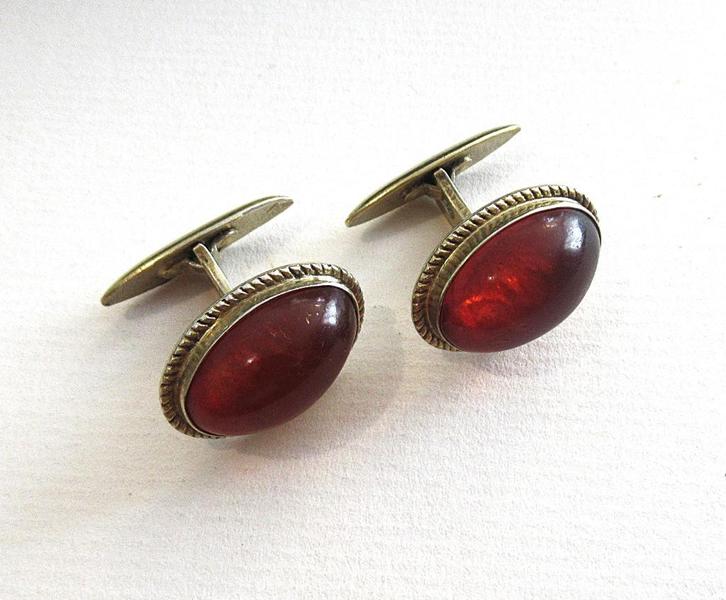 Vintage zilveren 875 manchetknopen met Baltisch Amber, '60., Sieraden, Tassen en Uiterlijk, Manchetknopen, Zilver, Verguld, Ophalen of Verzenden