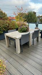 Tafels massief teakhout 2 stuks van 1x1m incl. 4 fauteuils, Ophalen, 4 zitplaatsen, Gebruikt, Bijzettafel