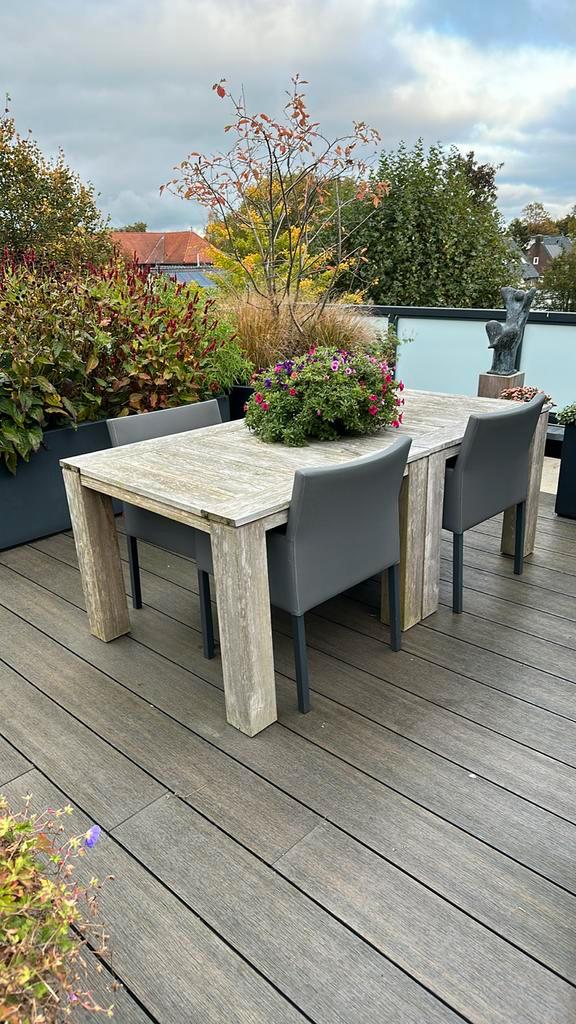 Tafels massief teakhout 2 stuks van 1x1m incl. 4 fauteuils, Tuin en Terras, Tuinsets en Loungesets, Gebruikt, Tuinset, Teakhout