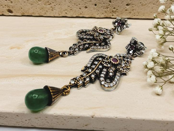 Zilveren Ottomaanse oorbellen met zirkonia, 925, Sieraden, Tassen en Uiterlijk, Oorbellen, Zo goed als nieuw, Hangers, Zilver