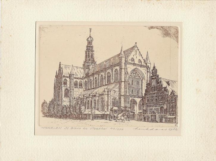 ETS HAARLEM ST.BAVO EN VLEESHAL VAN HENK DAAS 1982, Antiek en Kunst, Kunst | Etsen en Gravures, Ophalen of Verzenden