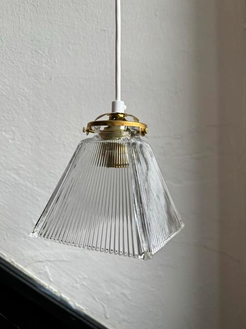 Vintage holophane vierkant lampenkapje hanglamp kap glas, Huis en Inrichting, Lampen | Hanglampen, Glas, Ophalen of Verzenden