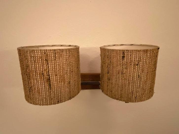 Vintage Wandlamp met Jute Kappen, Huis en Inrichting, Lampen | Wandlampen, Gebruikt, Hout, Ophalen