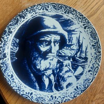 Vintage Blauw  Bord - Visser met Pijp beschikbaar voor biedingen