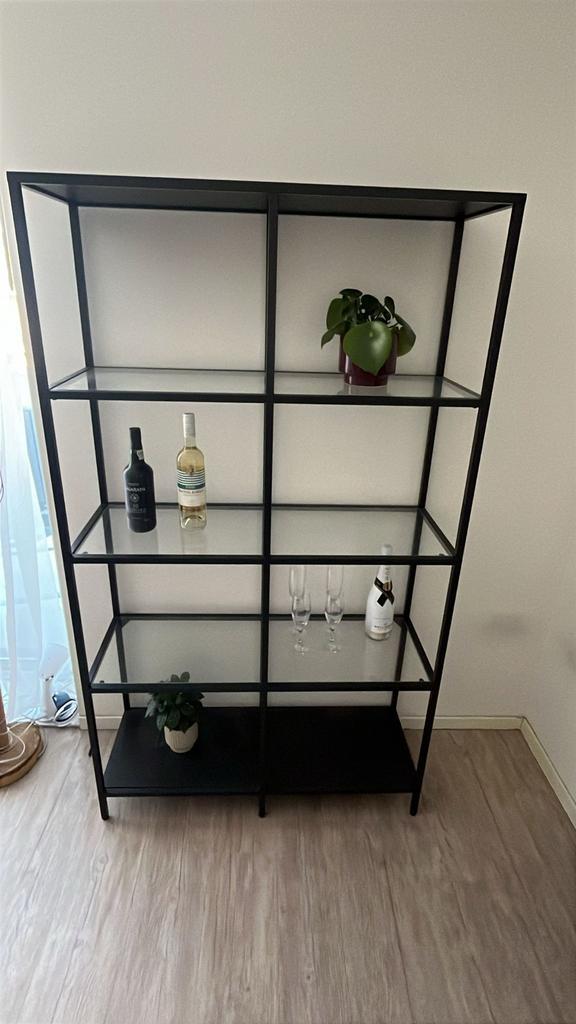 Mooie stalen kast met glazen leggers, Huis en Inrichting, Kasten | Boekenkasten, Gebruikt, 50 tot 100 cm, 150 tot 200 cm, Met plank(en)