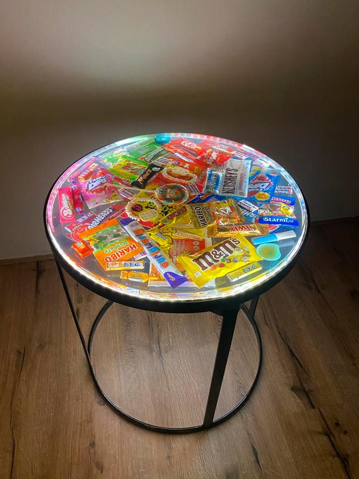 Epoxy Salontafel met Snoep & LED Verlichting, Huis en Inrichting, Tafels | Salontafels, Nieuw, 50 tot 75 cm, 50 tot 100 cm, Rond