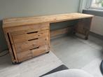 Steigerhouten bureau op wielen + ladeblok, Huis en Inrichting, Bureaus, Ophalen, Met wielen, Gebruikt, Bureau