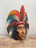 Indianenhoofd indiaan man kleur groot hout snijwerk, Ophalen of Verzenden
