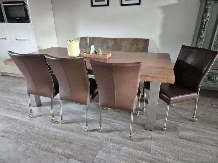 Eetkamerstoelen, bruinleer (5x), Huis en Inrichting, Stoelen, Gebruikt, Vijf, Zes of meer stoelen, Leer, Bruin, Ophalen