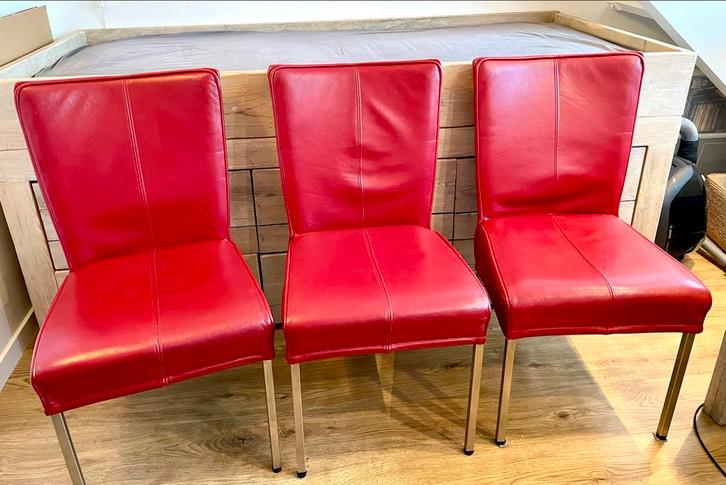 Set van 6 leren eetkamerstoelen, Huis en Inrichting, Stoelen, Gebruikt, Vijf, Zes of meer stoelen, Leer, Rood, Ophalen