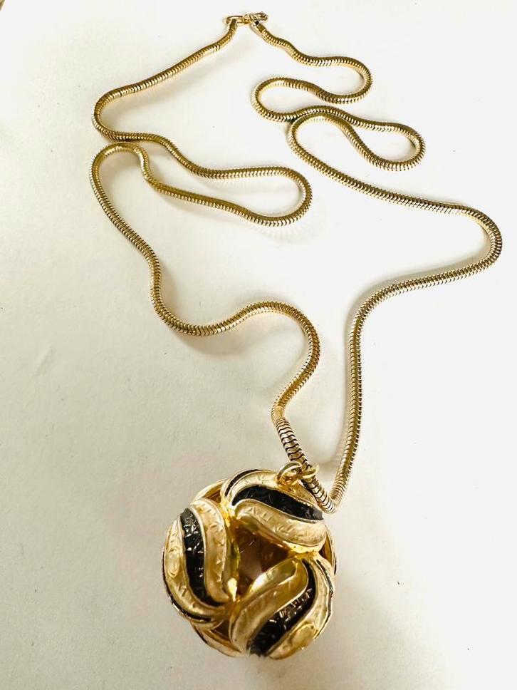 Slangen ketting met grote vintage emaille hanger, Sieraden, Tassen en Uiterlijk, Kettingen, Gebruikt, Overige materialen, Goud