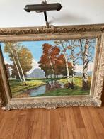 Olieverf ingelijst in originele lijst jaren ‘40 met lampje, Antiek en Kunst, Ophalen