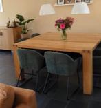 Stoere eikenhouten eettafel 160x160 + bankje, Ophalen, Gebruikt, Stoer, 150 tot 200 cm