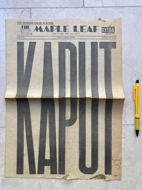 WO2 Canadese krant Maple Leaf 9 mei 1945 KAPUT capitulatie, Verzamelen, Militaria | Tweede Wereldoorlog, Overige soorten, Boek of Tijdschrift