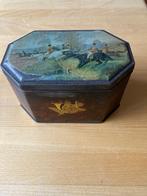 Vintage achtkantig blikken tabaksdoos jachttafereel, Verzamelen, Blikken, Ophalen of Verzenden, Gebruikt, Overige