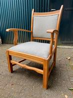 Vintage stoel; jaren 50; hout met grijze bekleding, Ophalen