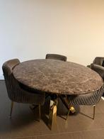 Quartz Eettafel met 4 Stoelen - Gouden Poten, Huis en Inrichting, Tafels | Eettafels, Gebruikt, 100 tot 150 cm, Rond, 200 cm of meer