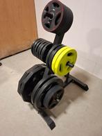 117,5kg rubber/PU schijven 30mm + opbergrek, Sport en Fitness, Fitnessmaterialen, Ophalen, Gebruikt, Halterschijven