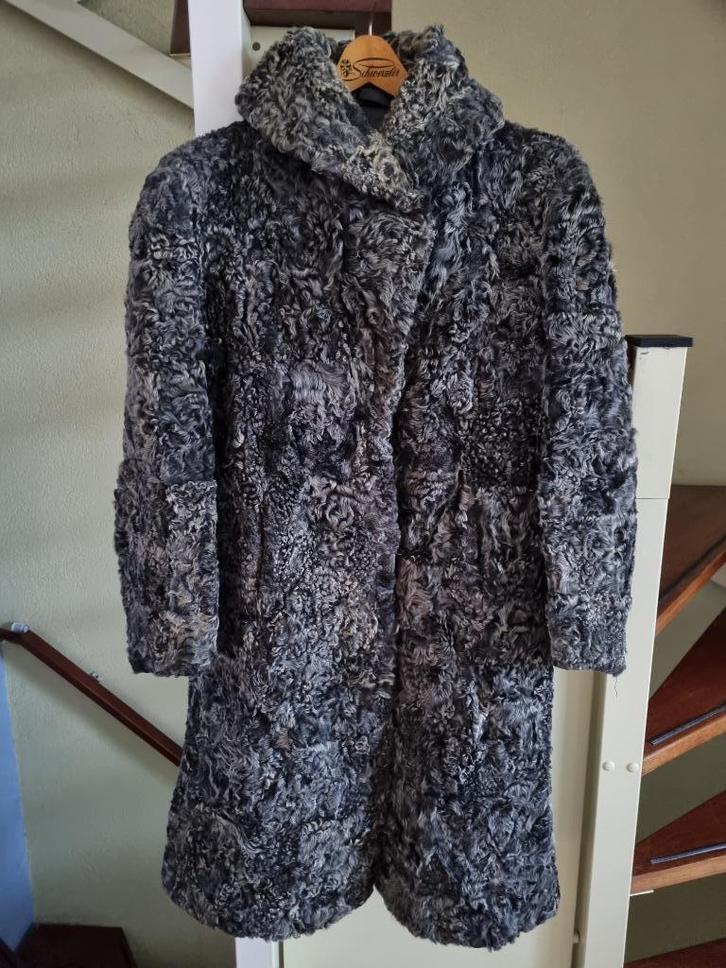 Zilvergrijze Astrakan bontjas, maat 42-44, Kleding | Dames, Jassen | Winter, Gedragen, Maat 42/44 (L), Grijs, Ophalen