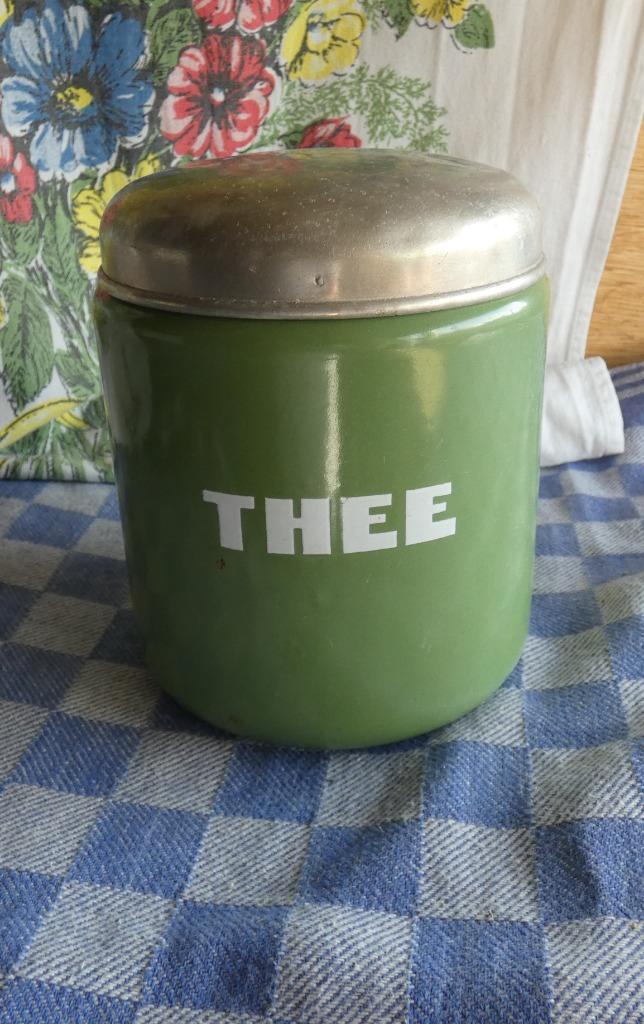 oude emaille theebus/ voorraadbus thee/ resedagroen email, Antiek en Kunst, Antiek | Emaille, Ophalen of Verzenden