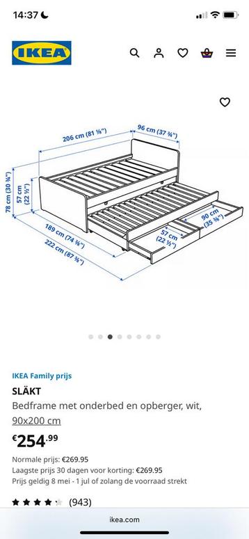 IKEA SLÄKT Bedframe met onderbed en opberger, wit, 90x200 cm - afbeelding 2
