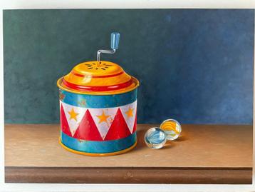 Bijzonder olieverf schilderij van tinnen speeldoosje 30x43cm beschikbaar voor biedingen