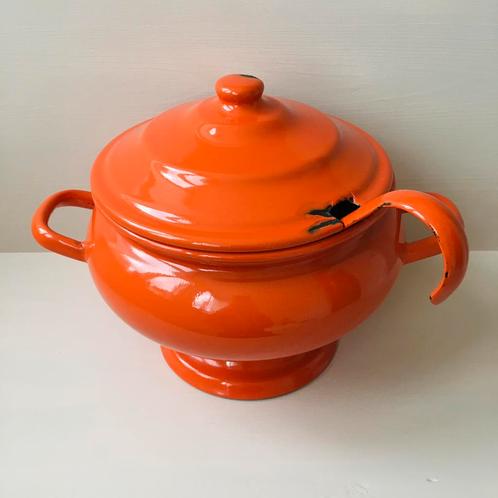 oranje vintage / retro terrine van emaille met lepel, Antiek en Kunst, Antiek | Emaille, Ophalen of Verzenden