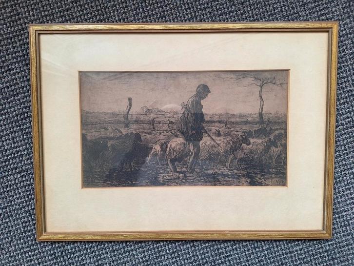 Ets Willem van der Nat; schaapsherder, Antiek en Kunst, Kunst | Etsen en Gravures, Ophalen of Verzenden