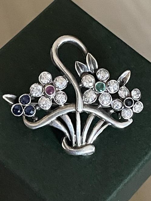 Zilveren art-decohanger/broche met smaragd robijn saffier, Sieraden, Tassen en Uiterlijk, Kettinghangers, Zo goed als nieuw, Zilver