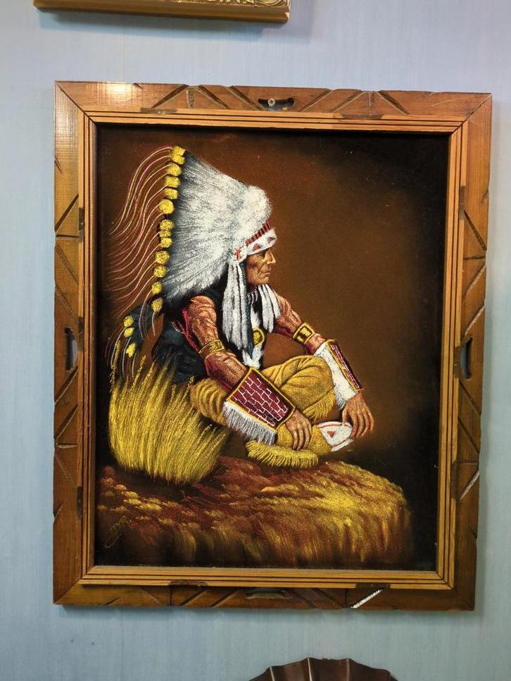 Vintage Mexicaans fluweel schilderij Native American, Antiek en Kunst, Kunst | Schilderijen | Klassiek, Ophalen