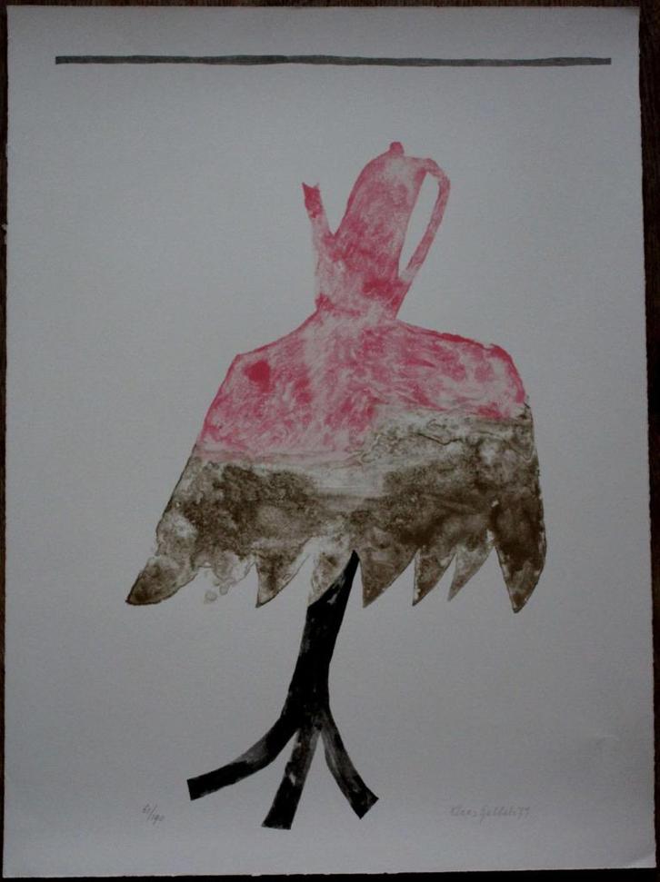 Klaas Gubbels(1934) Litho "Koffiekan Roze Tafel" Ges Gen Ged, Antiek en Kunst, Kunst | Litho's en Zeefdrukken, Ophalen of Verzenden