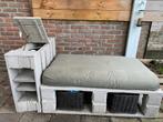 Pallet bank met kussens en opbergvak, Ophalen, Gebruikt, Hout, 2 zitplaatsen
