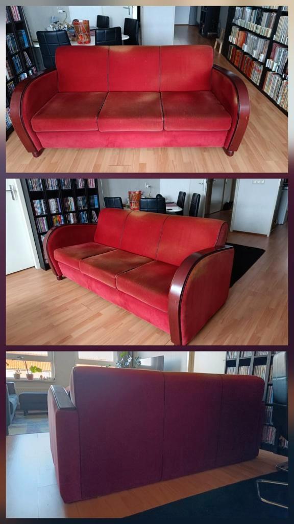 Rooker Art Deco Designbank – 3-zits  Rode stof, Huis en Inrichting, Banken | Bankstellen, Gebruikt, Rechte bank, Driepersoons