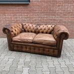 Mooie oude chesterfield bank bruin cognac leer patine, Ophalen, Gebruikt, 150 tot 200 cm, Tweepersoons